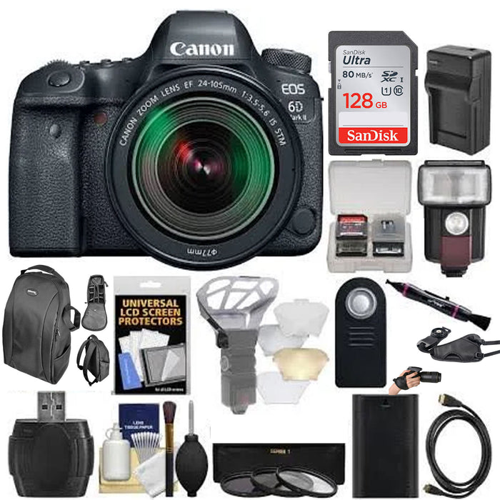 Canon EOS 6D Mark II DSLR Camera with 24-105mm f/3.5-5.6 Lens Lens with 128GB Card + Backpack + Flash + Diffuser + Battery &amp; Charger + Filters + Kit