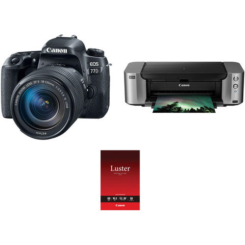 Canon EOS 77D DSLR Camera with 18-135mm USM Lens and Inkjet Printer Kit
