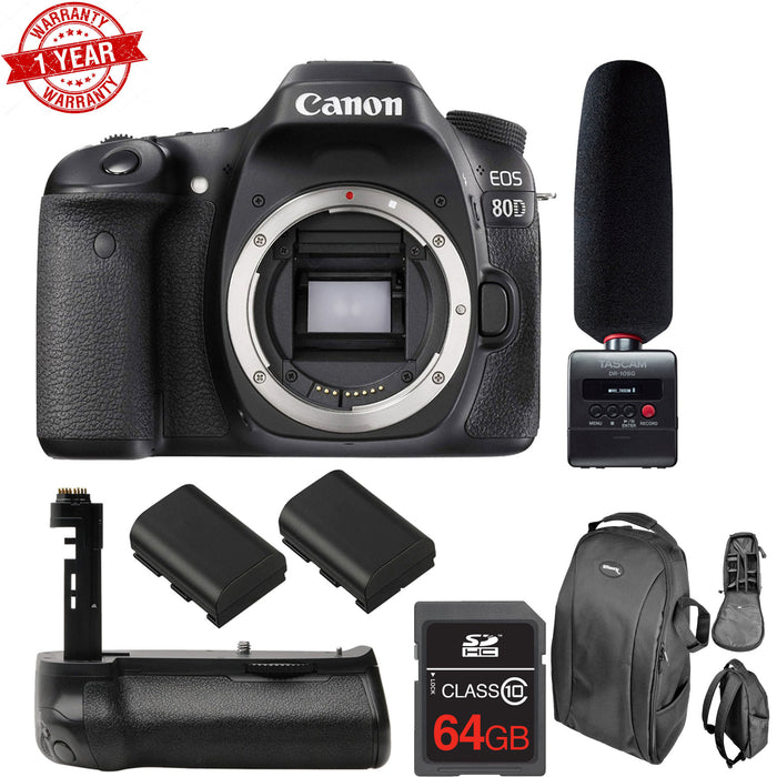 Canon EOS 80D DSLR Camera (Body Only) + Tascam DR-10SG Audio