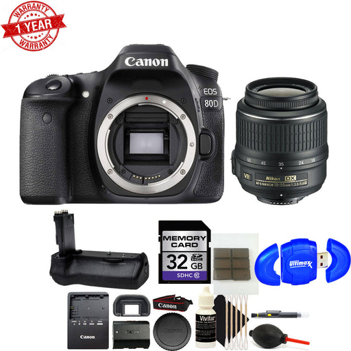 Canon EOS 80D 24.2MP Digital Camera with 18-55MM Lens | Battery Grip 32GB Accessory Kit