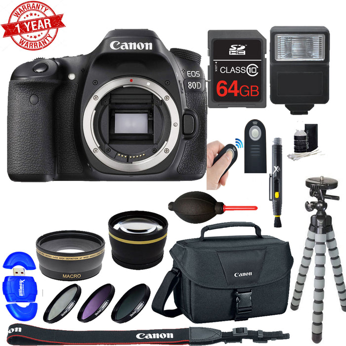 Canon EOS 80D DSLR Camera (Body Only) Bundle 64GB SDXC MC|DSLR Bag|Wide Angle& 2x Telephoto Lenses|Flash & More