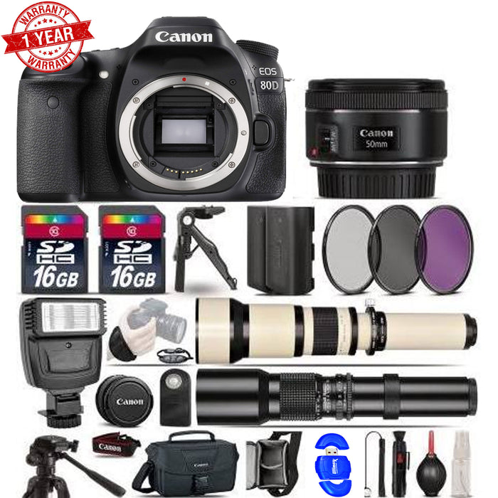 Canon EOS 80D DSLR Camera + 50mm + 650-1300mm +500mm + EXT BATT + Additional Accessories
