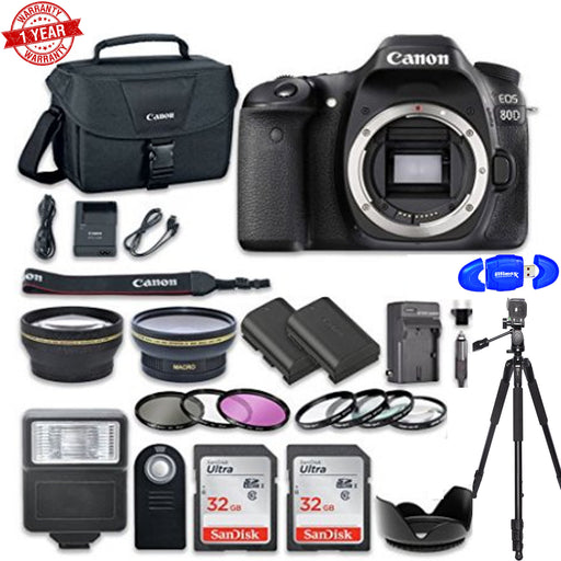 Canon EOS 80D Wi-Fi Full HD 1080p Digital SLR Camera (Body only) with 2pc 32GB Memory Cards + Accessory Kit Bundle