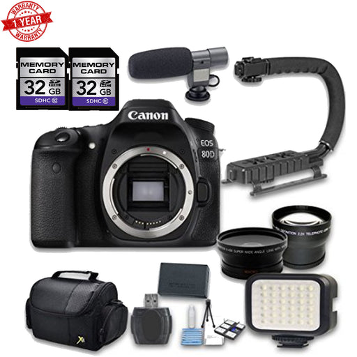 Canon EOS 80D DSLR Camera Bundle (Body Only)w/ Wideangle&amp;Telephoto Lenses|LED Light+2 PC 32 Cards|Microphone|Case|X-Grip|Starter Bundle