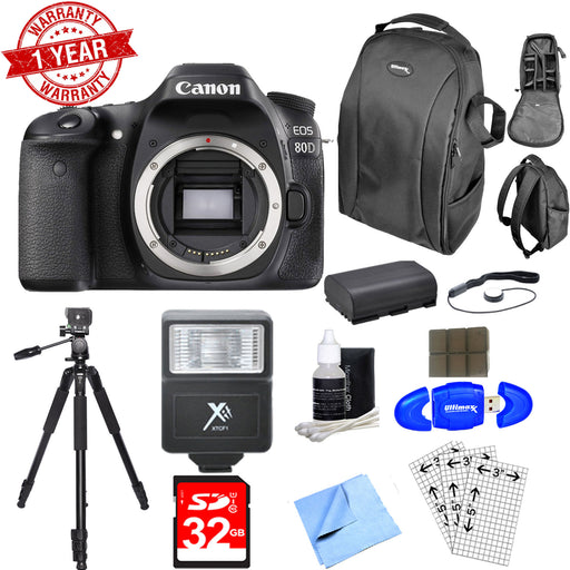 Canon EOS 80D DSLR Camera (Body Only) -Includes Case, Tripod, 32GB MC, LP-E6 Battery, Flash, Cleaning Kit & More