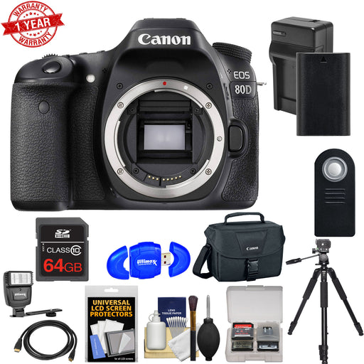 Canon EOS 80D Wi-Fi Digital SLR Camera Body with 64GB Card + Battery &amp; Charger + Case + Flash + Tripod + Deluxe Bundle