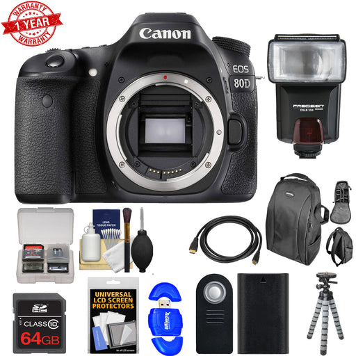 Canon EOS 80D Wi-Fi Digital SLR Camera Body with 64GB Card + Battery + Backpack + Flash + Flex Tripod +Deluxe Bundle