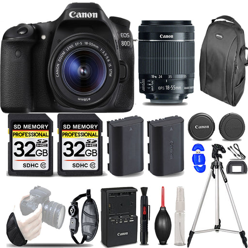 Canon Eos 80D DSLR Camera with 18-55mm STM Lens +wrist Grip +ext Batt -64GB Kit