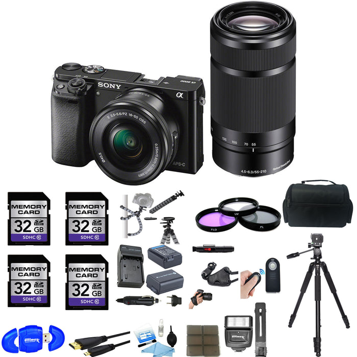 Sony Alpha a6000 Mirrorless Digital Camera with 16-50mm and 55-210mm Lenses (Black) &amp; Four 32GB SD Cards