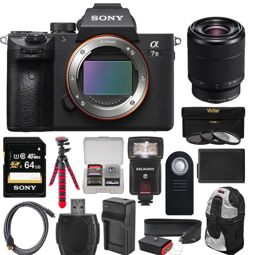 Sony Alpha a7 III K Wi-Fi Digital Camera Body with FE 28-70mm Lens + 64GB Card + Backpack + Flash + Battery &amp; Charger + Tripod + Kit