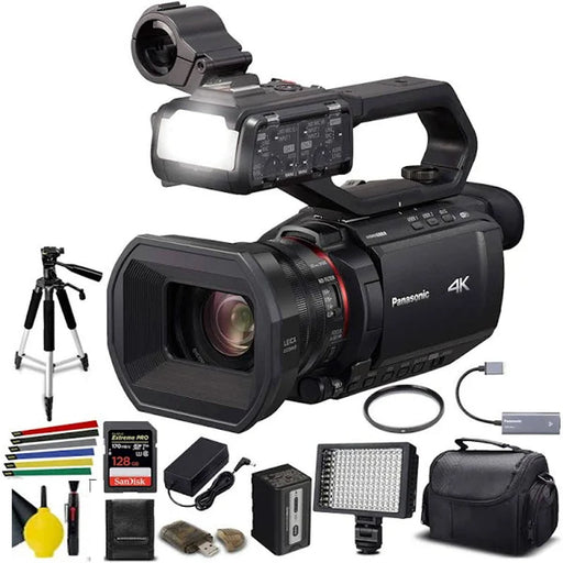 Panasonic AG-CX10 4K Camcorder with NDI/HX | Padded Case, Sandisk Extreme Pro 128GB, Heavy Duty Tripod, Wire Straps, LED Light, And More