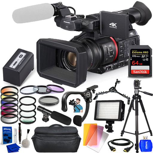 Panasonic AG-CX350 4K Camcorder Includes: Sandisk Extreme Pro 64GB, LED Light, XL Gadget Bag, Shoulder Stabilizer, Filter Kits and More