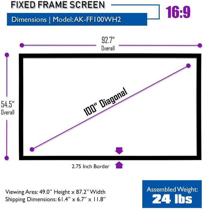 NJA Screens 100 inch Fixed Frame Projector Screen Wall Mount 16:9 8K 4K Ultra HD 3D Ready CINEWHITE UHD-B Black 100&quot; Projection Screen