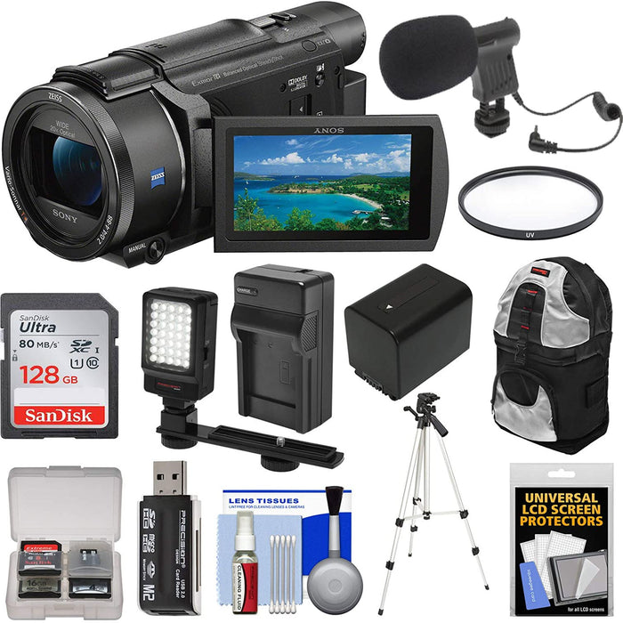 Sony FDR-AX53 4K Ultra HD Handycam Camcorder with 128GB Card | Battery &amp; Charger | Backpack | Tripod | Video Light Microphone | Kit
