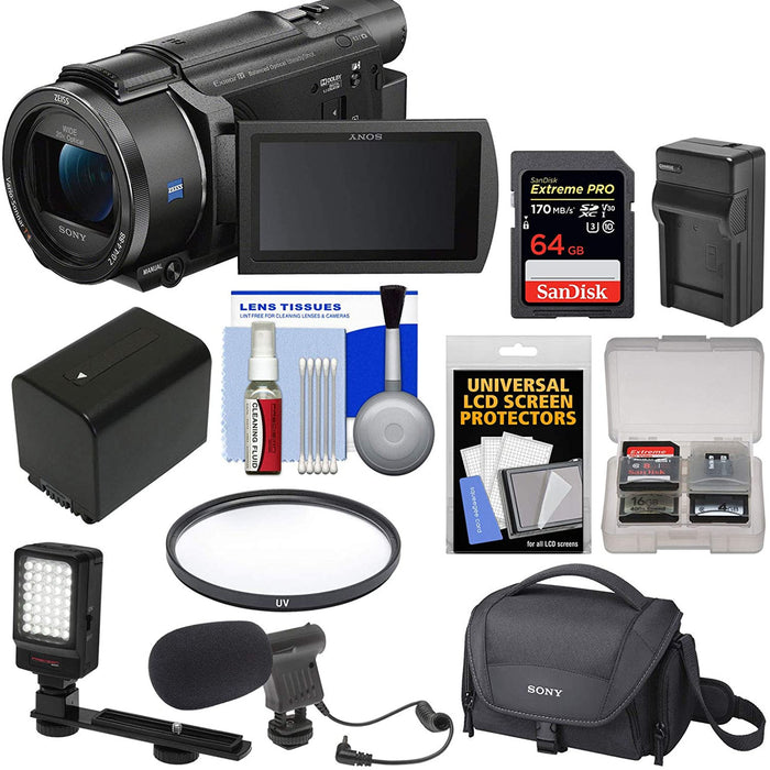 Sony FDR-AX53 4K Ultra HD Handycam Camcorder with 64GB Card | Battery &amp; Charger | Case | Filter | LED Light | Microphone | Kit