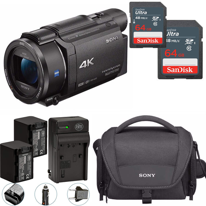Sony FDR-AX53 4K Ultra HD Handycam Camcorder with 2x NP-FV70A Batteries &amp; AC/DC Charger | Sony Soft Carrying Case | 2x 64GB Memory Cards Bundle