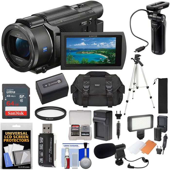 Sony FDR-AX53 4K Ultra HD Handycam Camcorder &amp; GP-VPT1 Grip | 64GB Card |Tripod | Battery &amp; Charger | LED Light | Mic | Case Kit