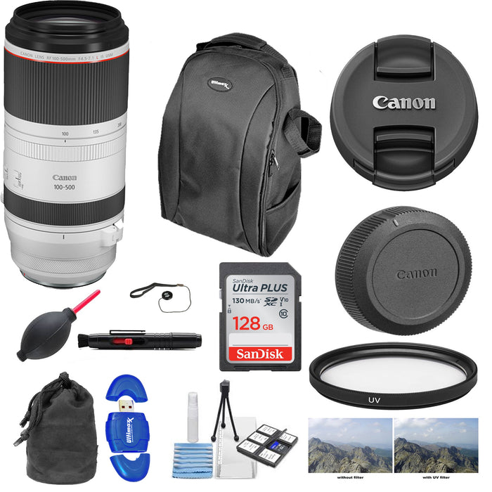 Canon RF 100-500mm f/4.5-7.1L IS USM Lens with 128 GB Sandisk Extreme Starter Package