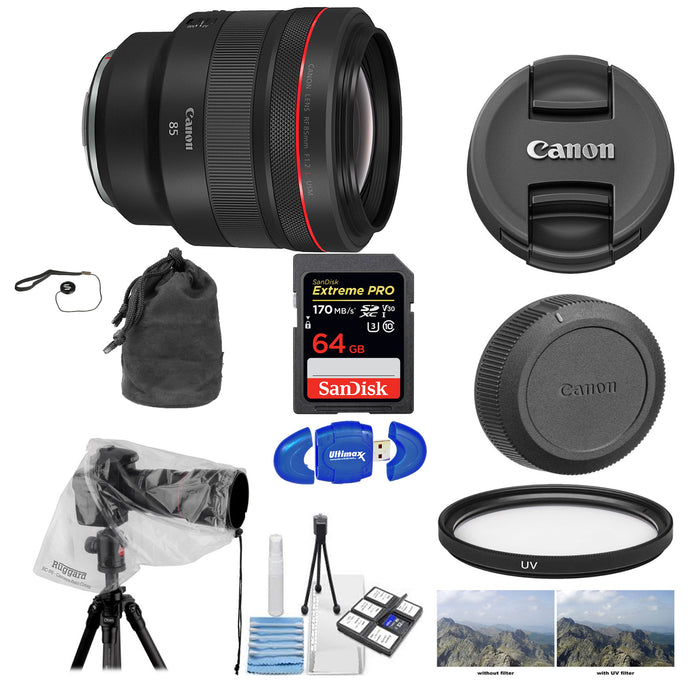 Canon RF 85mm f/1.2L USM Lens with 64 GB LensRain Cover | Cleaning Kit & UV Filter Package