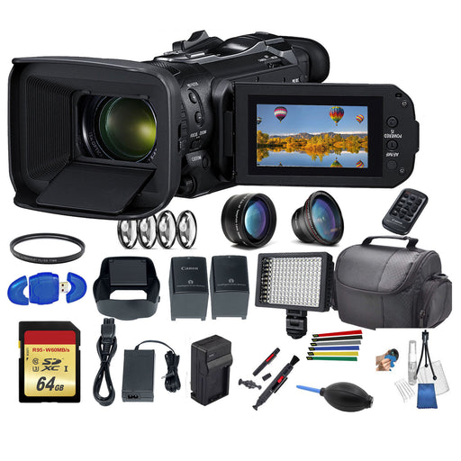 Canon Vixia HF G60 UHD 4K Camcorder w/Extra Battery, UV Filter, Close Up Filters, Tripod, Padded Case, LED Light, 64GB MC Advanced Bundle