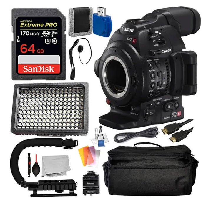 Canon EOS C100 Mark II Cinema EOS Camera with Dual Pixel CMOS AF (Body Only) with Sandisk Extreme Pro 64GB | LED Light | Large Case &amp; More