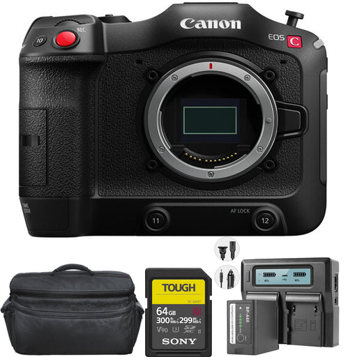 Canon EOS C70 Cinema Camera (RF Lens Mount) with Sony 64GB SF-G Tough Series | Dual Charger with BP-A60 Battery | Large Case Bundle
