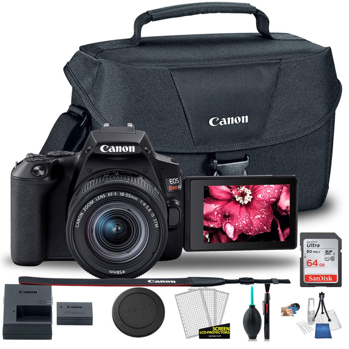Canon EOS Rebel SL3/250D DSLR Camera with 18-55mm Lens (Black) & Canon EOS Bag | Sandisk Ultra 64GB Card | Cleaning Set