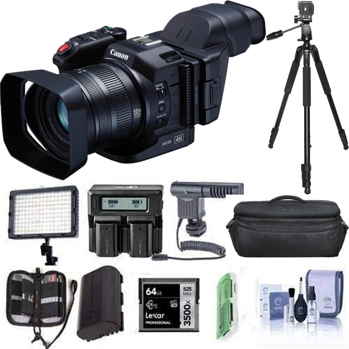 Canon XC10 4K Professional Camcorder Bundle with Video Case, 64Gb CF Card, Spare battery, Tripod, Video Light, Shotgun Mic, and More