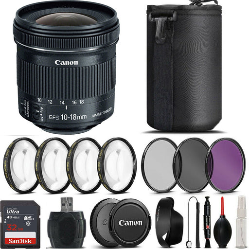 Canon EF-S 10-18mm f/4.5-5.6 IS STM Lens with 4PC Macro Kit (UV, CPL, FLD) Filters Bundle