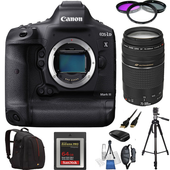 Canon EOS-1D X Mark III DSLR Camera with Canon EF 75-300mm f/4-5.6 III Lens &amp; Essential Kit- Includes: SanDisk 64GB + 72&quot; Tripod | More