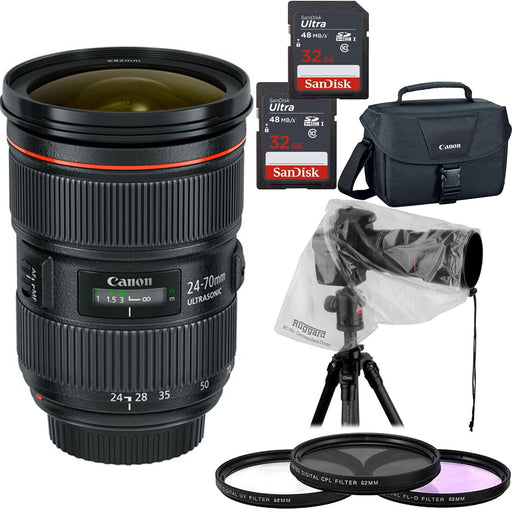 Canon EF 24-70mm f/2.8L II USM Lens with 2x 32GB MCs | Filter kit | Canon Case &amp; Lens Rain Protection