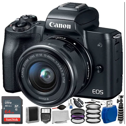 Canon EOS M50 Mark II Mirrorless Digital Camera with 15-45mm Lens (Black) with SanDisk 64Gb Essential Bundle