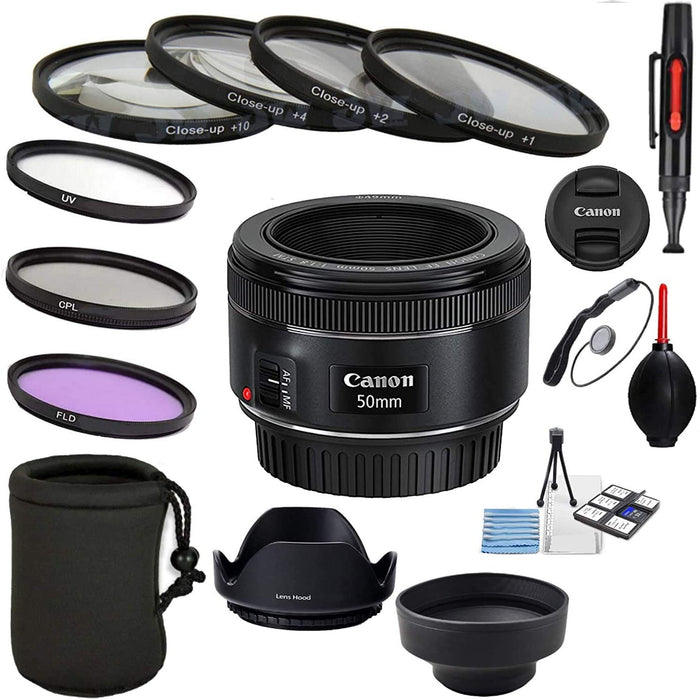 Canon EF 50mm f/1.8 STM Lens with UV, CPL, FLD + Close up kit + Tulip Hood + Collapsible Hood+ Lens Pen &amp; Blower + Lens Cap + Starter kit
