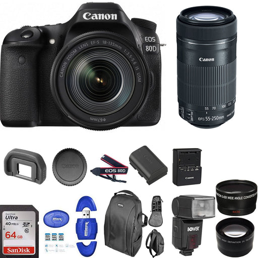 Canon EOS 80D DSLR Camera with 18-135mm USM| 55-250mm STM | 64GB Memory Card And More Kit USA
