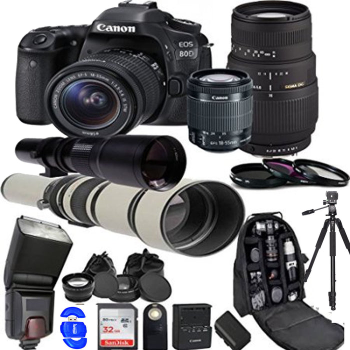 Canon EOS 80D Digital SLR Camera Kit with 18-55mm STM + Sigma 70-300mm Zoom Lens , super telephoto Lens Accessory Bundle