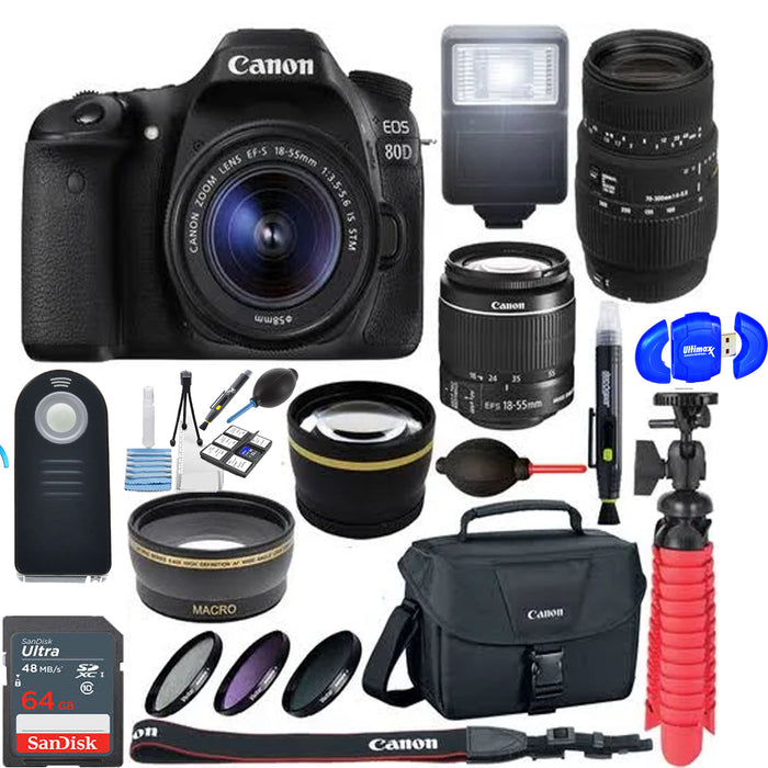 Canon EOS 80D CMOS DSLR Camera 18-55mm &amp; 70-300mm Dual Lens Bundle &amp; Accessory Kit