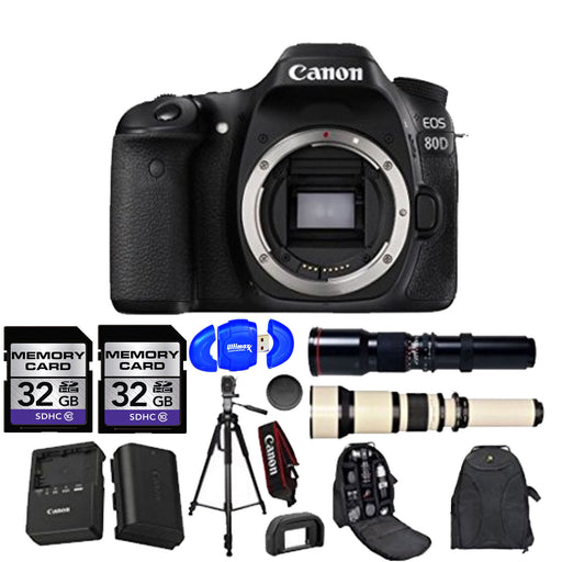 Canon EOS 80D DSLR Camera (Body Only) 500mm Preset Telephoto Lens 650-1300mm Wildlife Zoom Lens and Accessory Bundle (15 Items)