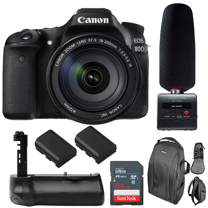 Canon EOS 80D with 18-200mm IS Lens with Tascam DR-10SG Audio Recorder &amp; Microphone Kit