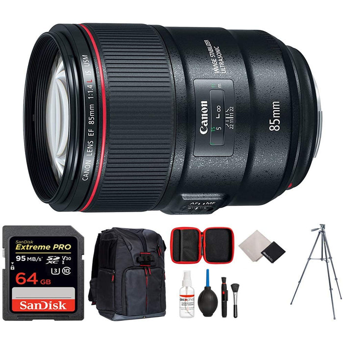 Canon EF 85mm f/1.4L IS USM Lens with Sandisk Extreme Pro 64GB | DSLR Backpack | Tripod &amp; Cleaning Kit Bundle