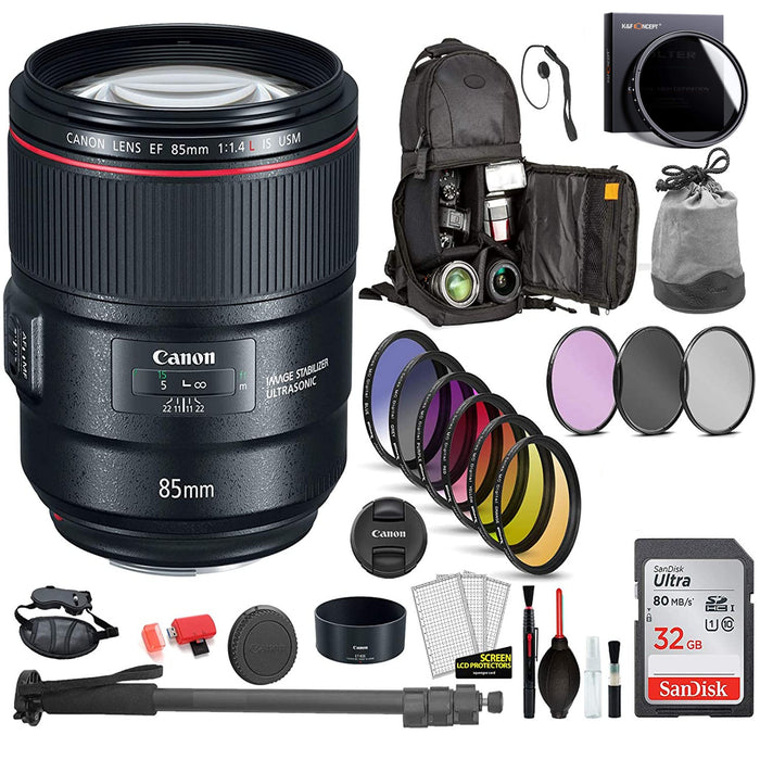 Canon EF 85mm f/1.4L IS USM Lens with Professional Bundle Includes- Backpack, Filter Kit, Sandisk 32GB SD + More
