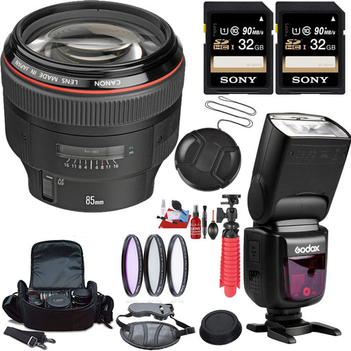 Canon EF 85mm f/1.2L II USM Lens USM with 2x Sony 32GB Cards | Godox Flash &amp; More Bundle