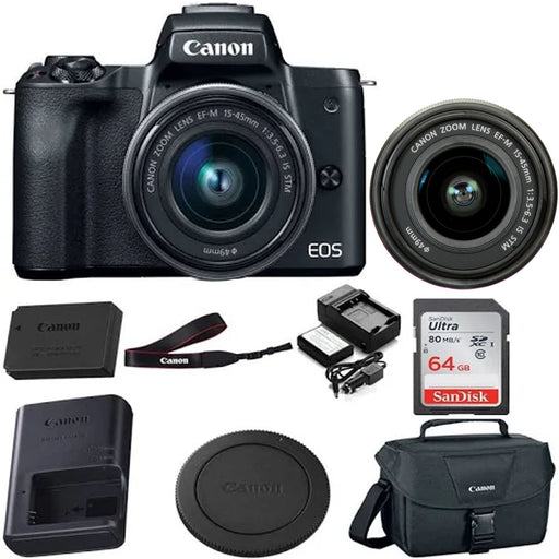 Canon EOS M50 Mirrorless Digital Camera with 15-45mm Lens (Black) with 64GB Starter Kit