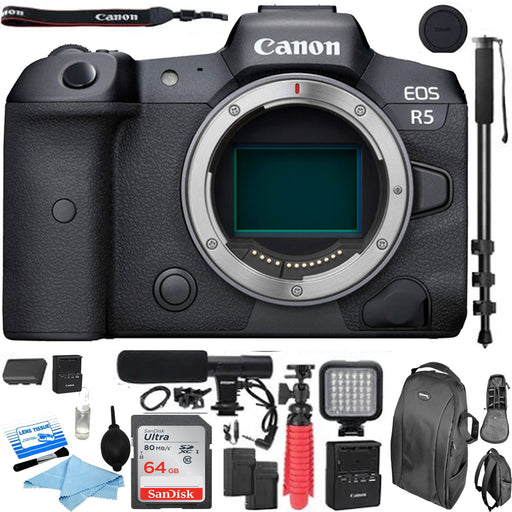Canon EOS R5 Mirrorless Digital Camera (Body Only) with Microphone | LED Light | Monopod | Backpack &amp; More Bundle