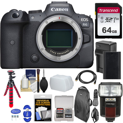 Canon EOS R6 Mirrorless Digital Camera (Body Only) with Sandisk 64GB MC | Flash &amp; More Bundle