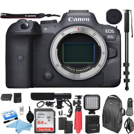 Canon EOS R6 Mirrorless Digital Camera (Body Only) with Microphone | LED Light | Monopod &amp; More Package