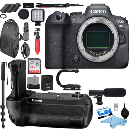 Canon EOS R6 Mirrorless Digital Camera (Body Only) with Canon BG-R-10 Battery Grip | Monopod | Microphone | Sandisk 64GB Essential Bundle