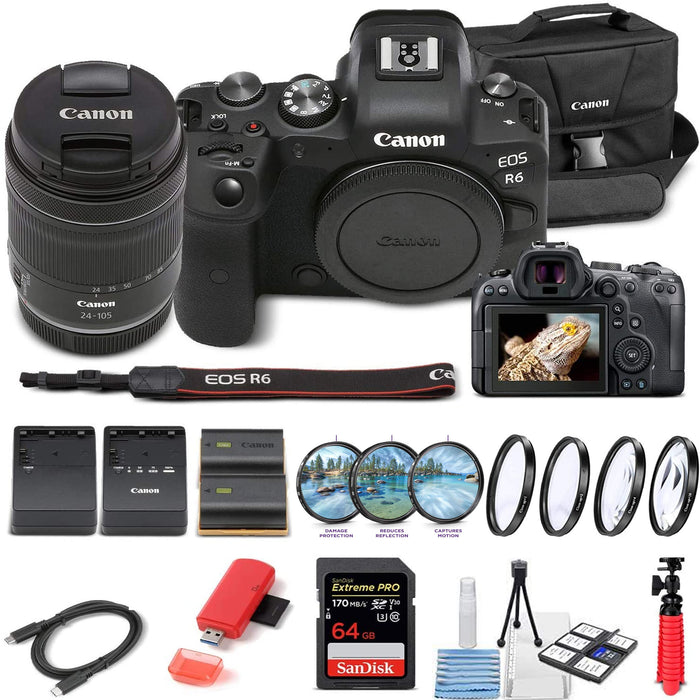 Canon EOS R6 Mirrorless Digital Camera with 24-105mm f/4-7.1 Lens | 64GB Memory Card | Case | LPE6 Battery | External Charger | Card Reader | More