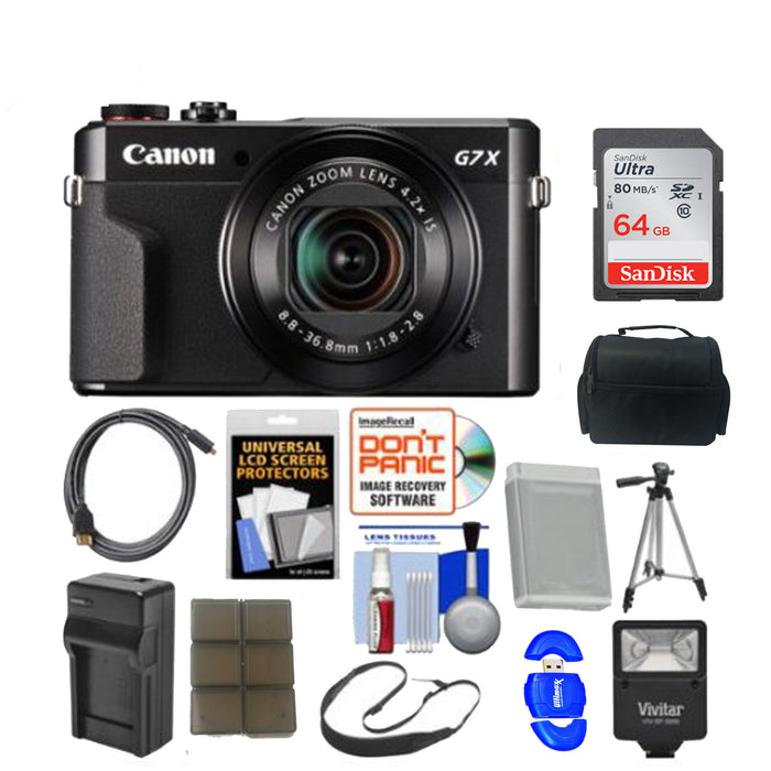 Canon PowerShot G7 X Mark II Wi-Fi Digital Camera with 64GB Card + Case + Flash + Battery &amp; Charger + Tripod + Strap + Kit