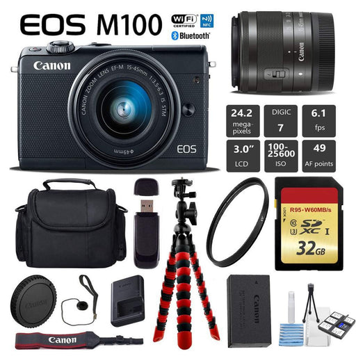 Canon EOS M100 Mirrorless Digital Camera with 15-45mm Lens (Black) | Flexible Tripod | UV Protection Filter | Professional Case | Card Reader