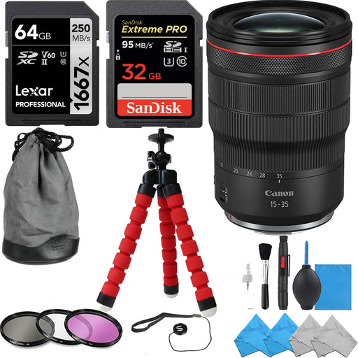 Canon RF 15-35mm f/2.8L IS USM Lens with Lexar 64GB &amp; Sandisk Extreme Pro 32GB Memory Card, Flexible Tripod, ND Filter Kit and Cleaning Kit Bundle